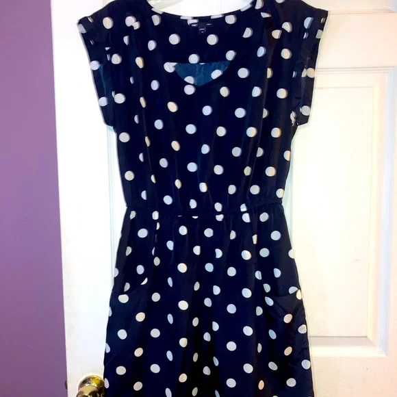 gap blue polka dot dress Berta | NAVY And White Polka-Dot Square-Neck Midi Dress